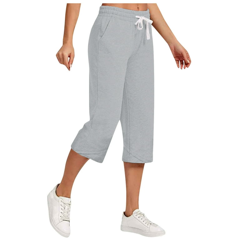 QUYUON Womens Capris for Summer Clearance Drawstring Elastic Waist Wide Leg  Cropped Pants Cotton Linen Yoga Capris Sweatpants with Pockets Women's