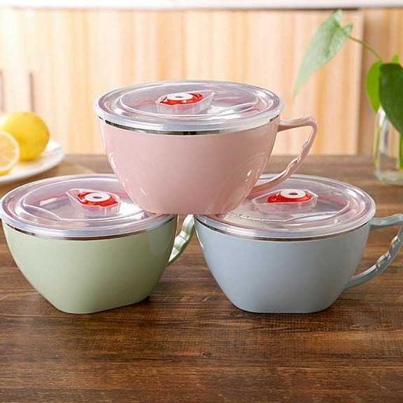 MLINS Stainless Steel Noodle Bowl with Handle and Lid Soup Bowls Food Insulation Container (Blue, Random Lid Color)