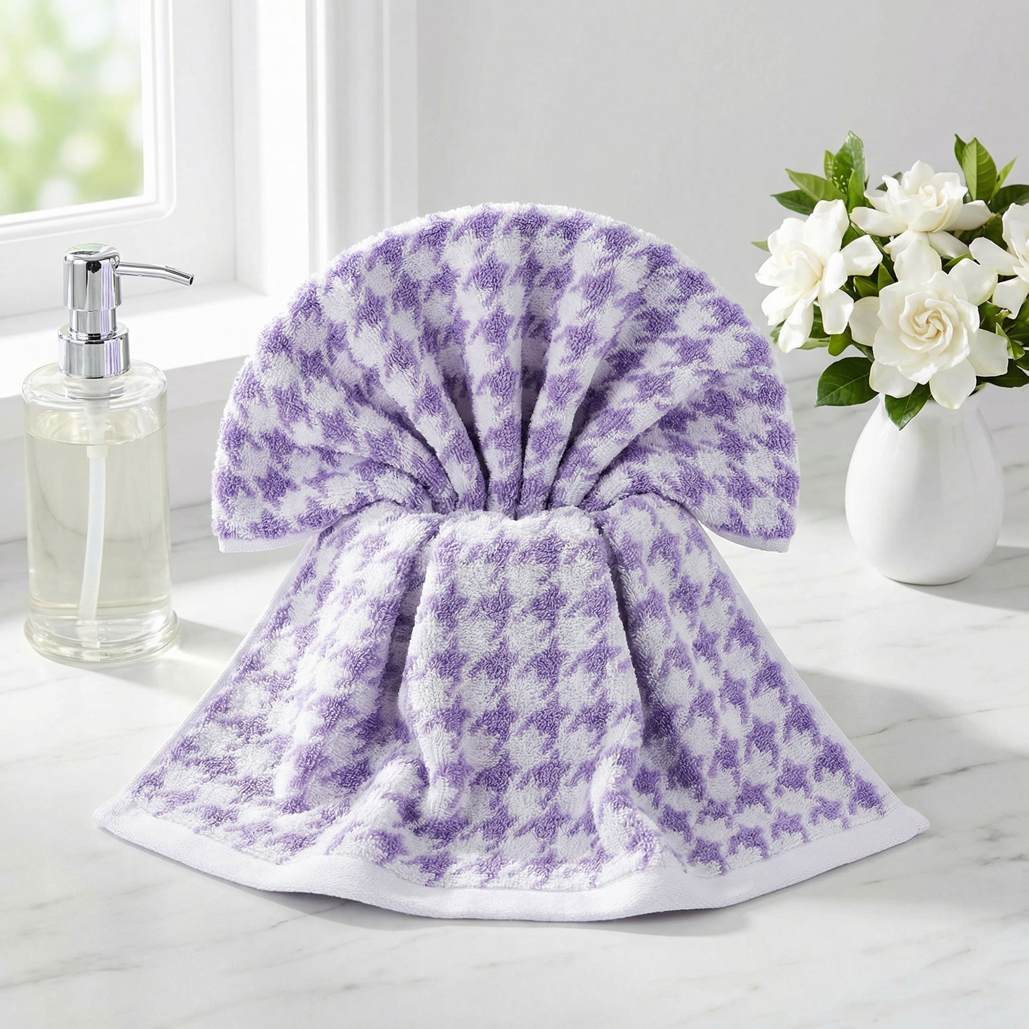 Unique Bargains Pure Cotton Houndstooth Soft Absorbent Hand Towels Purple 4pk