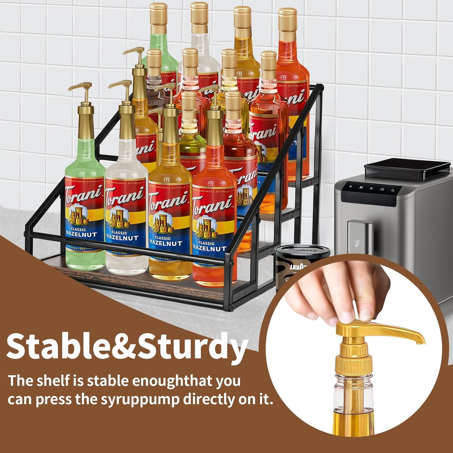BUZZPER 3-Tier Coffee Syrup Stand Organizer - Holds 9-12 Bottles, Rustic Black Countertop Rack For Coffee Bar Or Kitchen