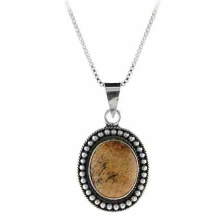 - Genuine Picture Jasper Stone Sterling Silver Bali Beaded Oval Pendant