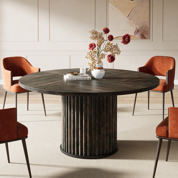 Finmind Round Dining Table for 4-6 People, 47.24-inch Circle Wood Kitchen Table with Sturdy Fluted Metal Base, Modern Dining Room Furniture, Vintage Brown