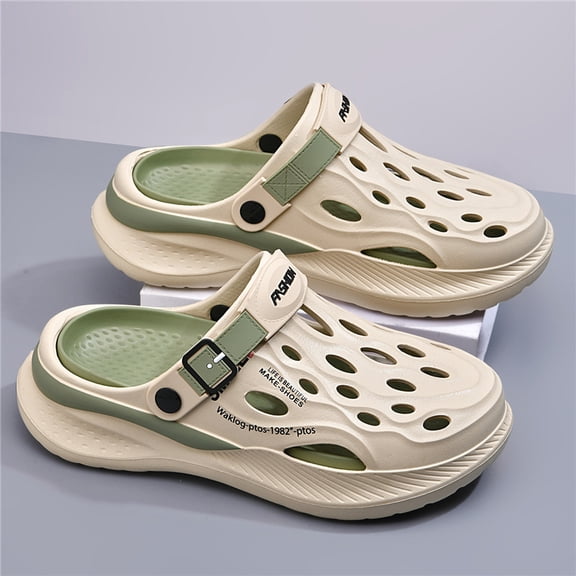 Outdoor driving slippers with anti-slip holes, summer outdoor driving slippers with holes for men, sports beach sandals, new 2025 model, breathable, comfortable, and versatile white Green.