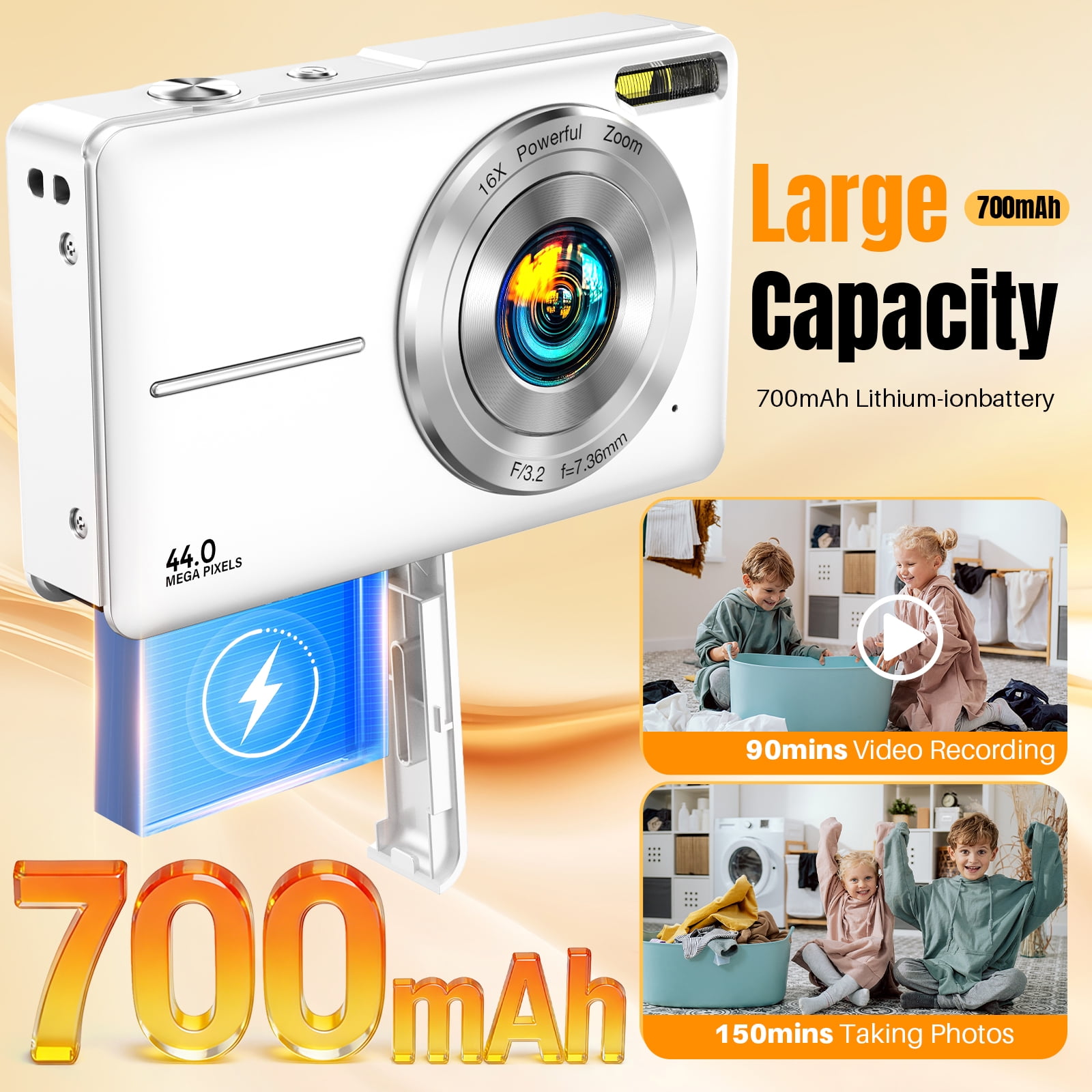 Digital Camera with 32GB TF Card, 1080P Full HD Kids Camera, 44MP & 16X Digital Zoom, Compact Point and Shoot Camera, Portable Small Cameras for Boys Girls Beginners (White)