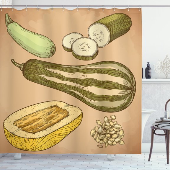 Vegetable Art Shower Curtain, Retro Recipe Squash Zucchini Slices Best Chef Cuisine of the Day Illustration, Fabric Bathroom Set with Hooks, 69W X 75L Inches Long, Multicolor, by Ambesonne