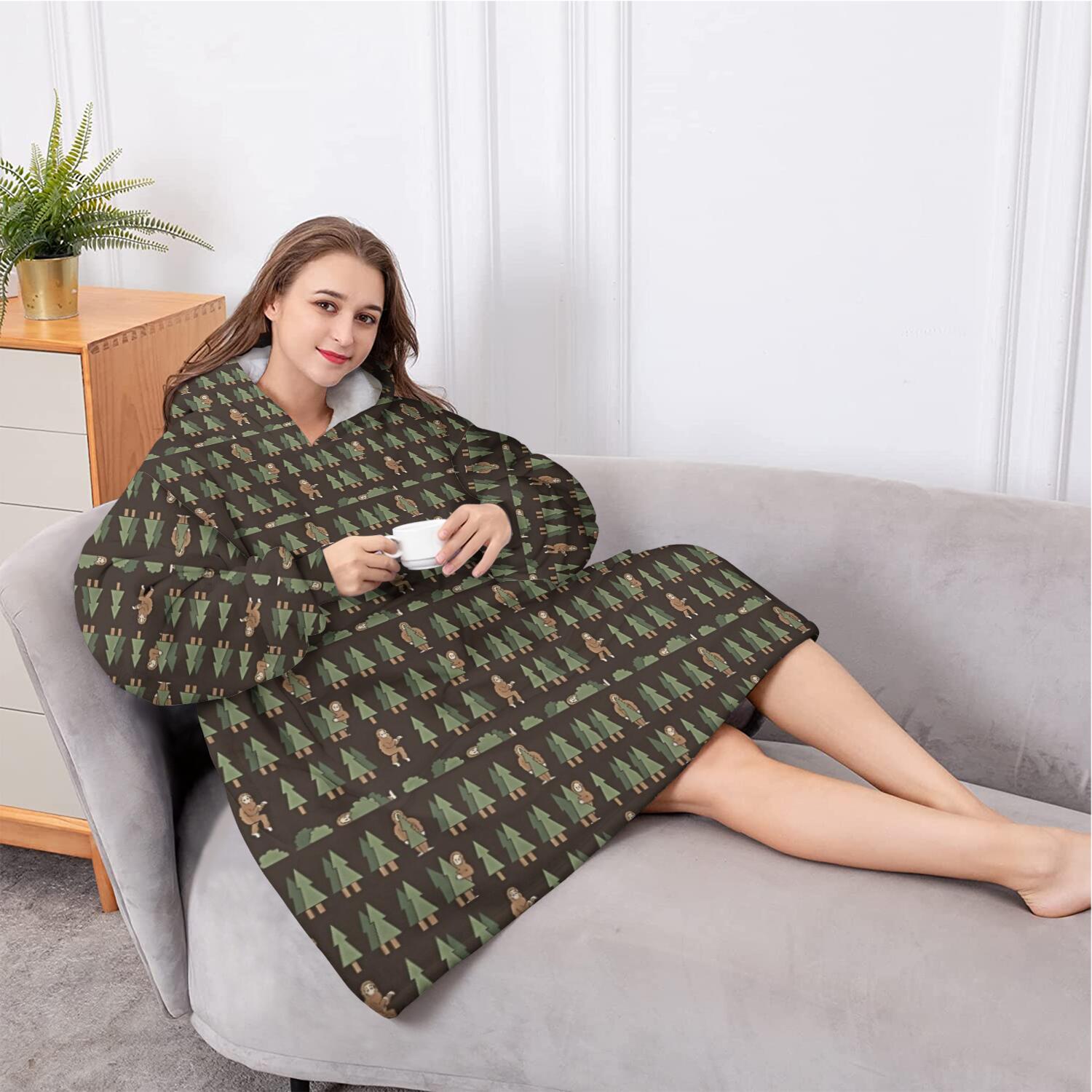 Oversized Wearable Blanket Hoodie,Dark Brown Bigfoot and Tree Pattern Sherpa Blanket Hoodie with Super Pockets,Super Warm Fuzzy Pullover for Women & Men