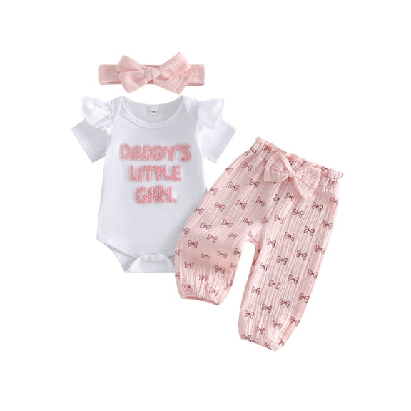 Loicainy Baby Toddler Girls Summer Outfits 3 6 12 18 Months Short Sleeve O Neck Letter Embroidery Romper Bow Print Pants Headband Clothes Set