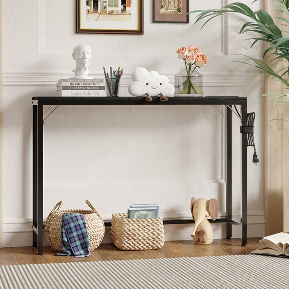 PYY Narrow Black Console Table with Charging Station – Slim Sofa Table with Power Outlets & USB Ports – Modern Metal & Wood Accent Table for Entryway, Living Room, Bedroom and Home Office – Black