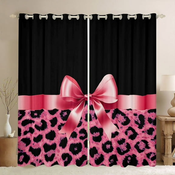 Homewish Cute Pink Ribbon Bowtie Black Out Curtains For Female Girls Adults,Leopard Print Curtains Pack of 2 (42x63 Each),Animal Cheetah Print Bedroom Curtains,Breathable Home Decor