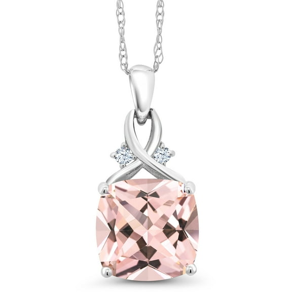 Gem Stone King 10K White Gold Peach Nano Morganite and White Created Sapphire Pendant Necklace for Women (4.38 Cttw, Gemstone October Birthstone, Cushion Cut 10MM, with 18 inch Chain)