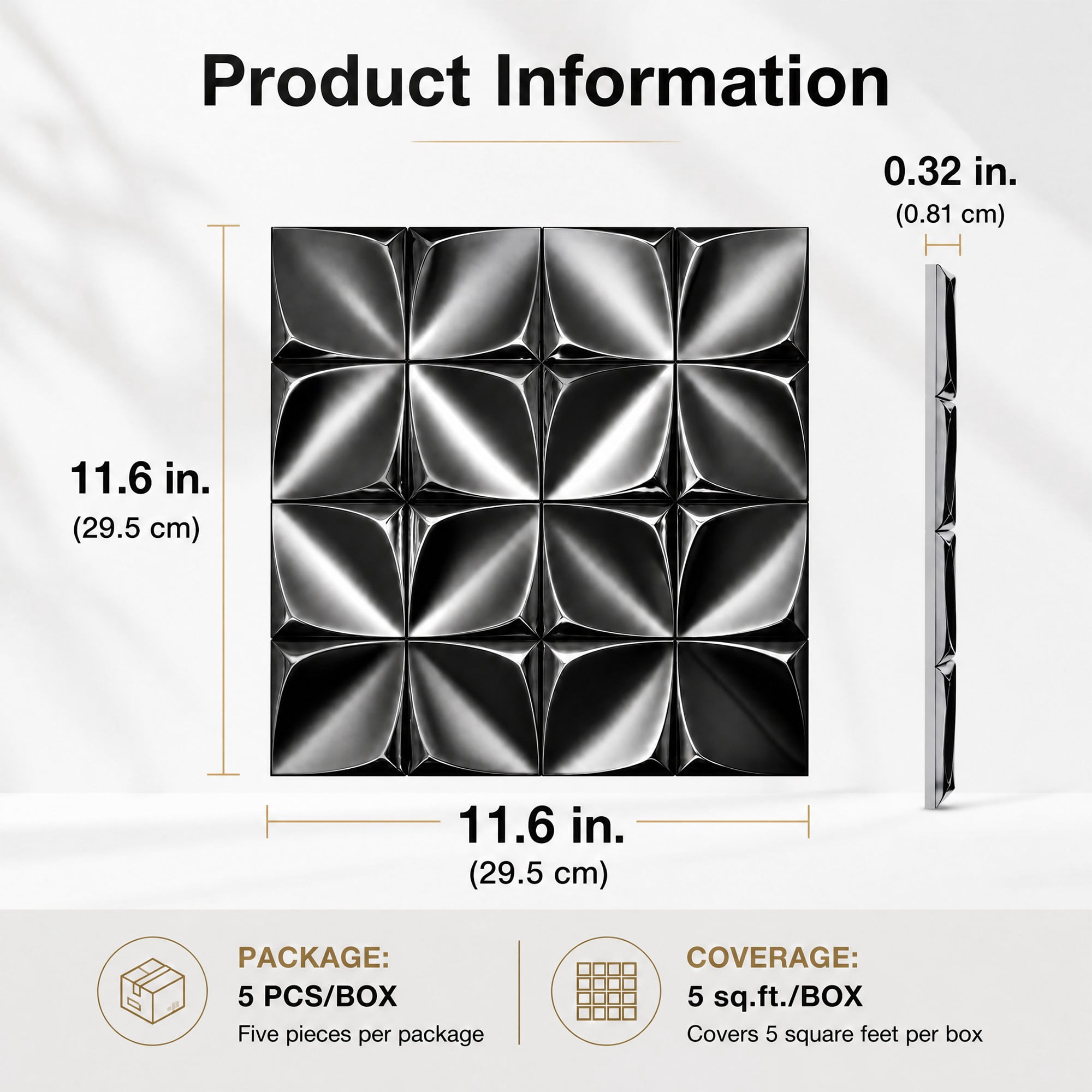Easy4Home 5Pcs 12"x12" Metal Wall Panels Morden Mosaic Tiles for Interior Wall Decor, Black