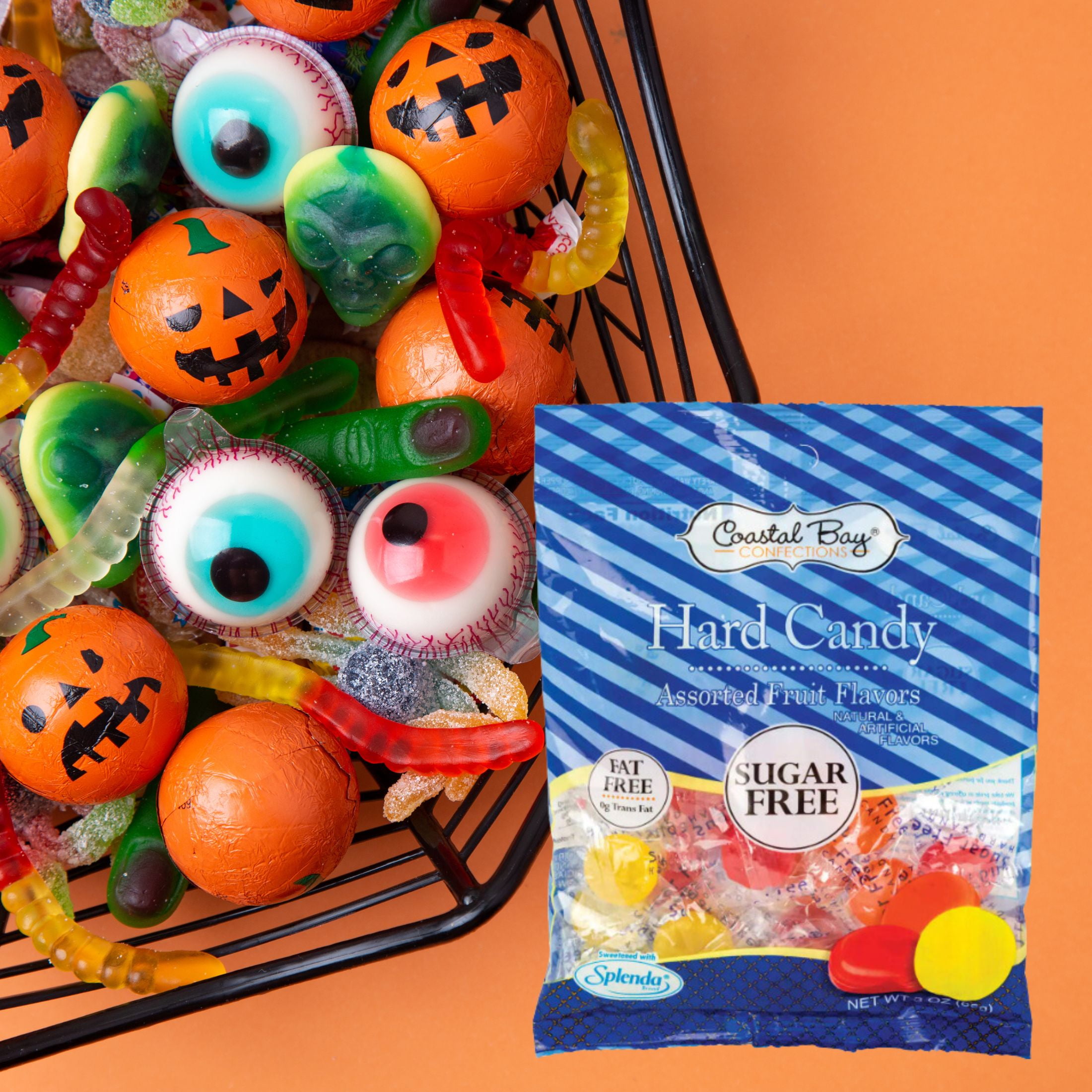Coastal Bay Confections Sugar-Free Hard Candy Assorted Fruit Flavors 2.75Oz Gift Bags Party Basket Stocking Stuffer Candy Dishes Dessert Bars Individually Wrapped Halloween Event Party Pack of 4