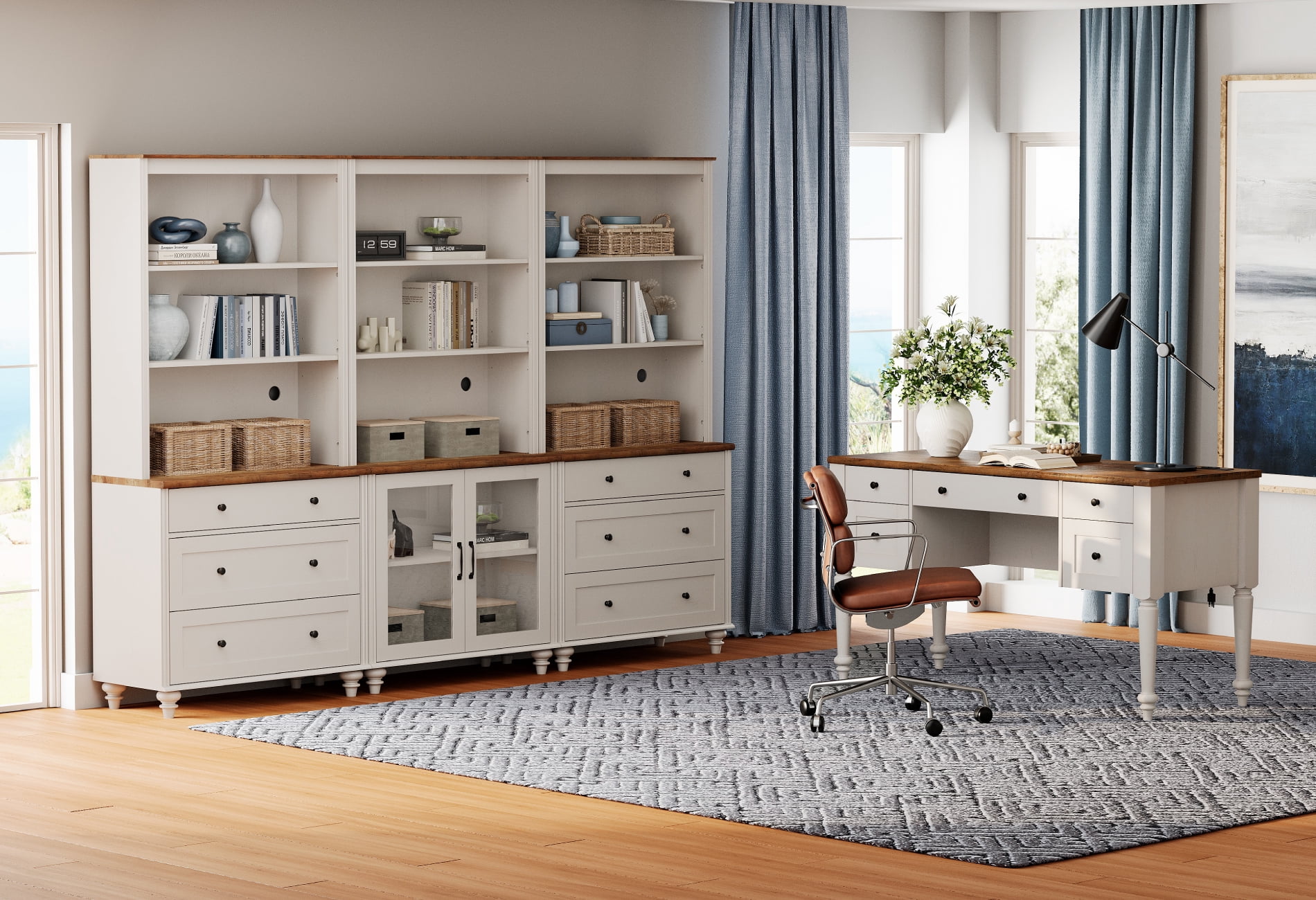 2 Piece Office Set, 56" Executive Desk, Bookcases With 3 Drawers And 2 Glass Cabinets