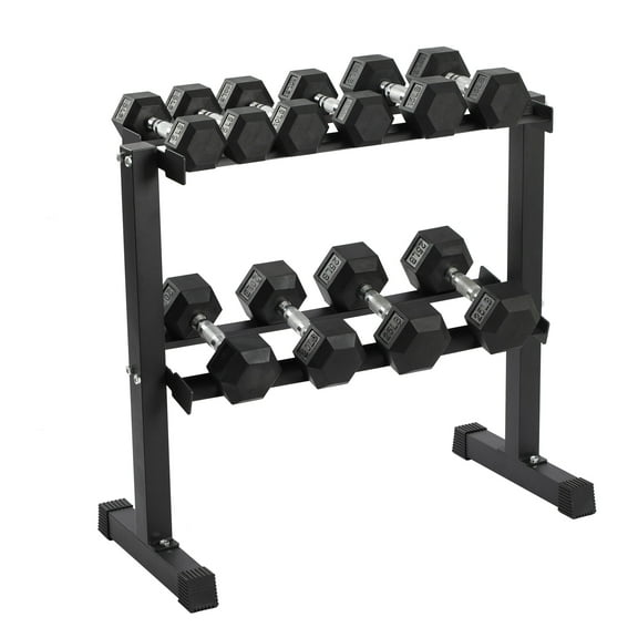 HolaHatha 5, 10, 15, 20, and 25 Pound Rubber Encased Weight Set with Rack