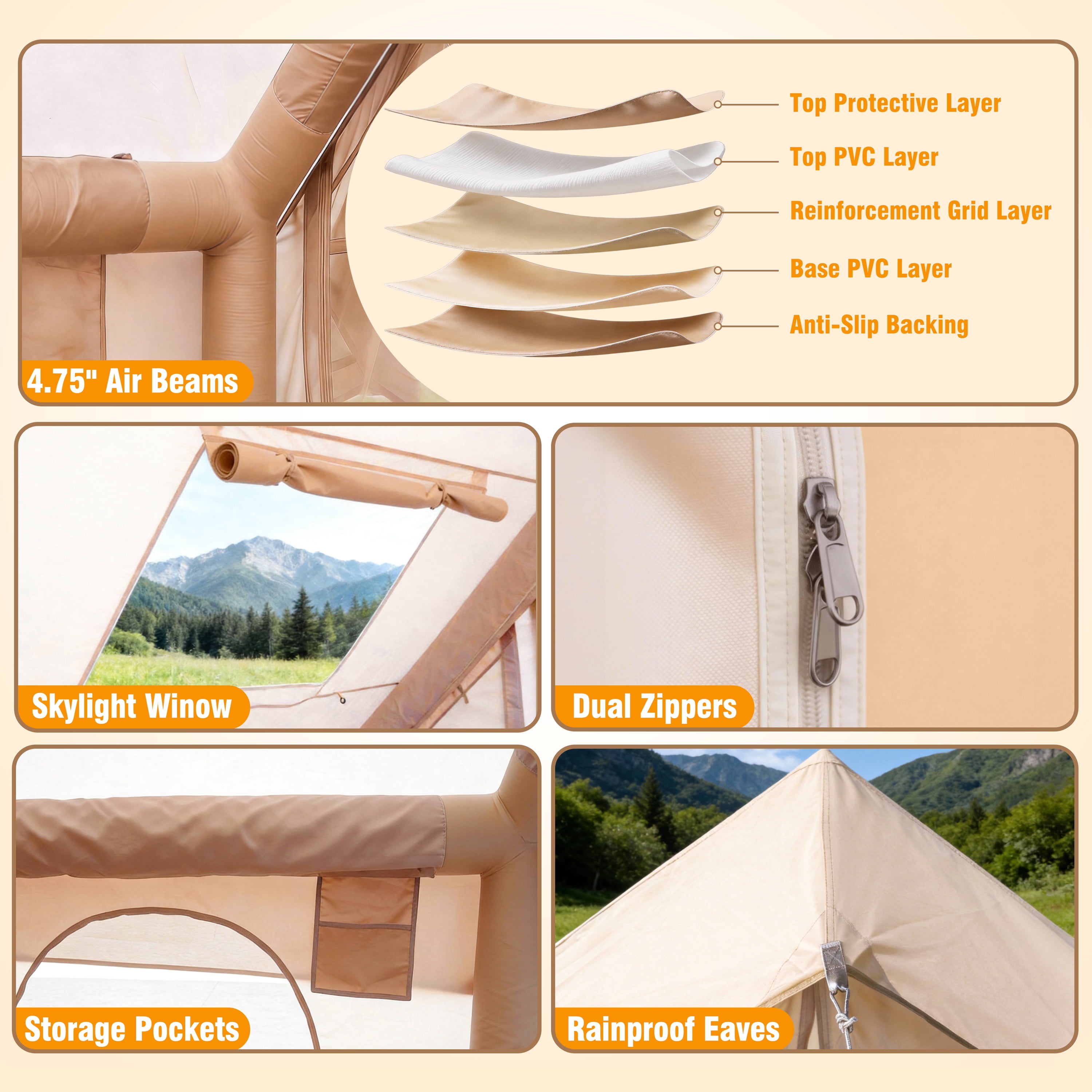 Qunler 8-10 Person Inflatable  Tent, Large Open-Space Air Tent with 2 Doors, Waterproof Blow Up Cabin for Family, Beige