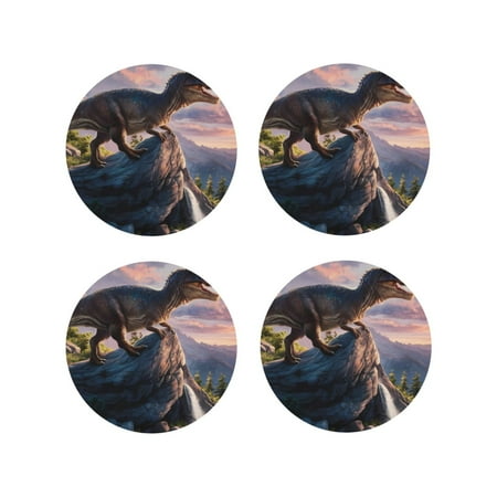 

Matuu Sunset Cliff Dinosaur for Cup Coasters Set of 4 Leather Coasters Desk Coasters for Office Measures 4” x 4”-Round Shape