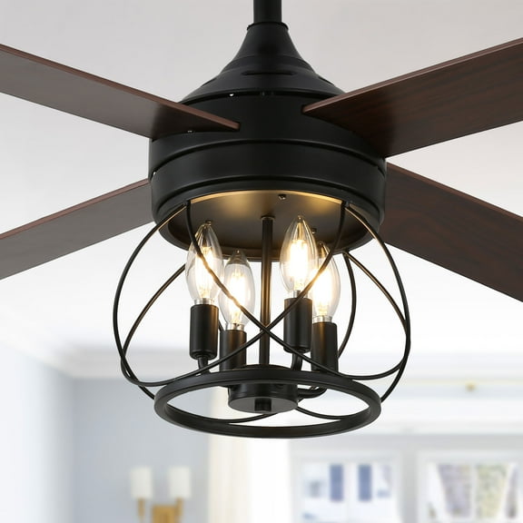 Cusp Barn 52 Inch Rustic Farmhouse Caged Ceiling Fan with Remote Control, 6 Speeds Modern Black Ceiling Fan with Lights