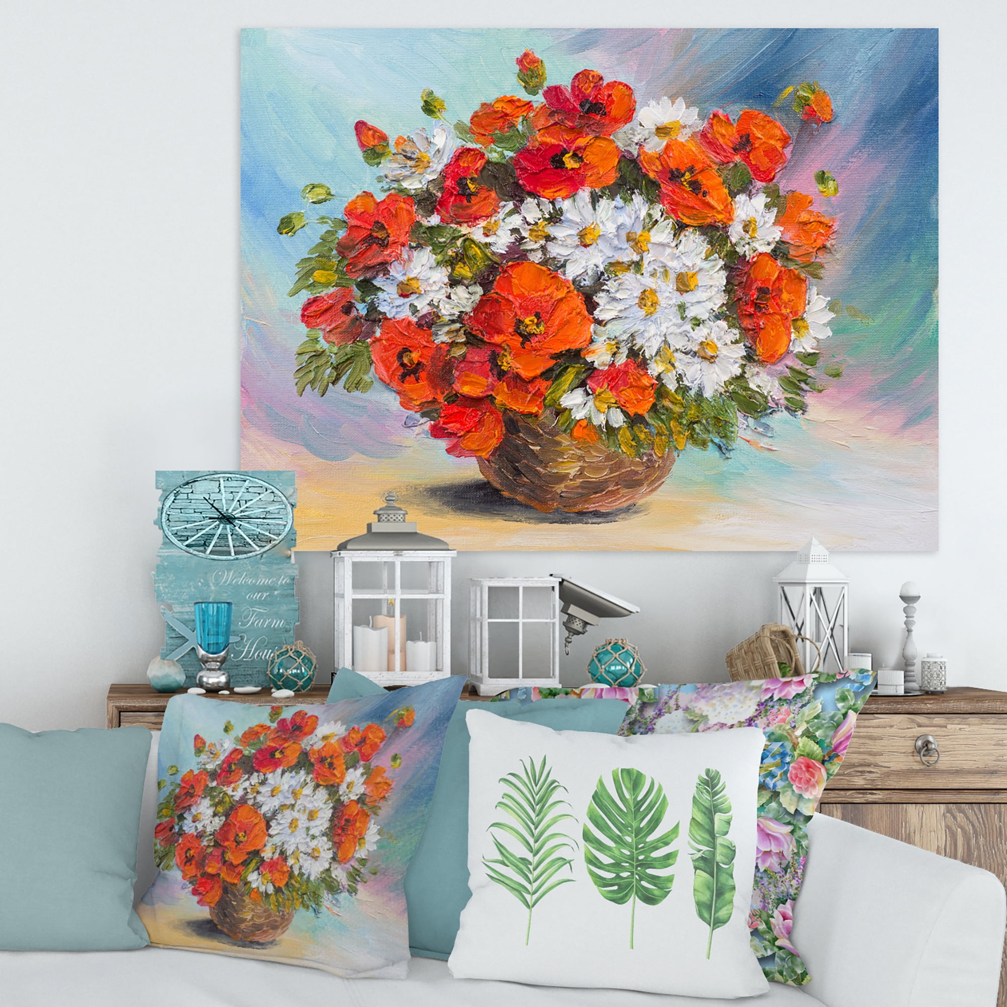 Designart ' Still Life Bouquet Of Daisies and Poppies ' Traditional Canvas Wall Art Print