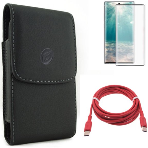 Case Belt Clip & Screen Protector & Red 6ft Long Cable for Samsung Galaxy Note 20 (6.7") - Combo with Leather Holster & Tempered Glass (Fingerprint Unlock) & USB-C to Type-C PD Fast Charger