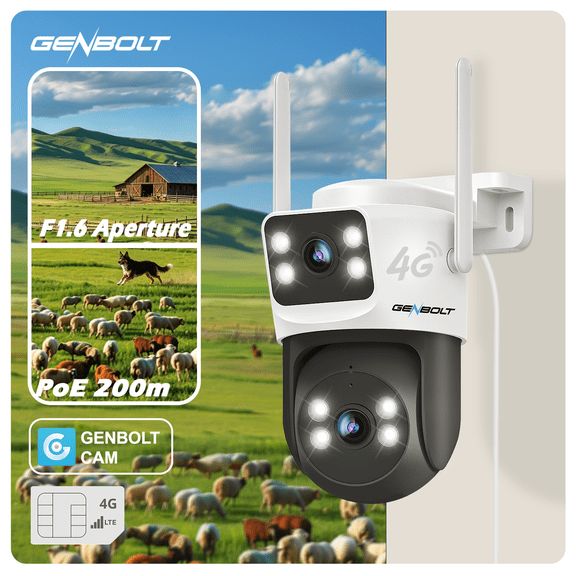GENBOLT 4G LTE Cellular Security Camera Outdoor No WiFi, Dual Lens PoE Surveillance Camera CCTV with Sim Card, 24/7 Recording Plug in Wired IP Cam with Auto Tracking Human Detection