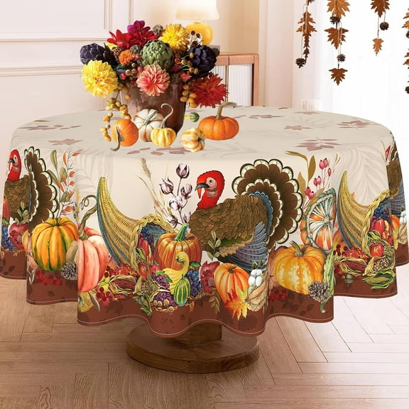 Round Thanksgiving Tablecloth 60 Inch, Fall Tablecloths Thanksgiving Pumpkin Turkey Washable Table Cover, Autumn Decoration Table Cloths Decor for Party Picnic Dinner