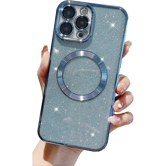 Compatible with iPhone 13 Pro 6.1" Magnetic Case [Compatible with MagSafe] with Camera Lens Protector, Luxury Plating Cute Glitter Bling Clear Case for Women Girls Soft TPU Cover,Blue