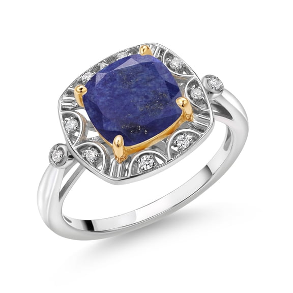 Gem Stone King 925 Sterling Silver and 10k Yellow Gold Blue Lapis and White Lab Grown Diamond Engagement Ring for Women (2.07 Cttw, Cushion Cut 8MM, Size 5)