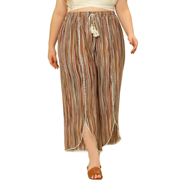 Pantalones de talla grande para mujeres, pantalones fluidos de rayas con cintura elástica, pierna ancha 4X marrón