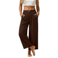 thumbnail image 5 of Miluxas Womens Solid Wide Leg Ankle Pants Elastic High Waisted Straight Leg Cropped Pants with Pockets Work office Dressy Trousers Streetwear Brown, 5 of 8