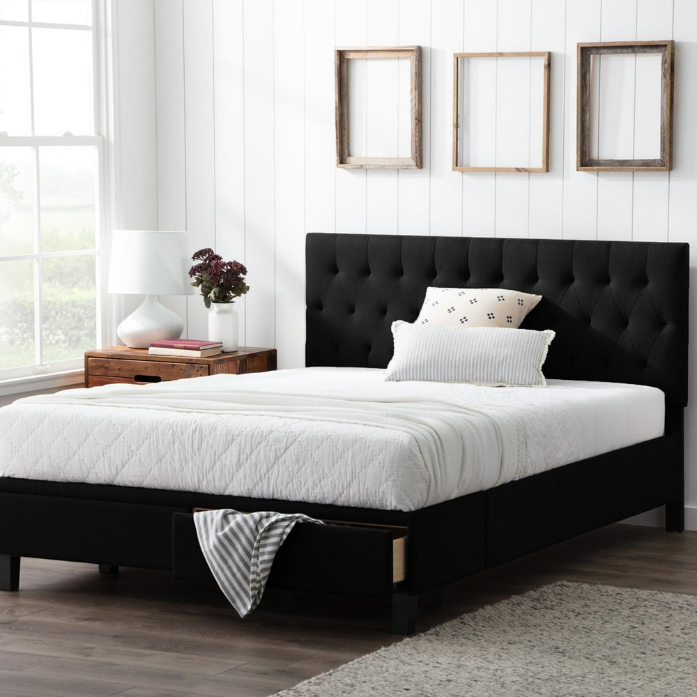 Rest Haven LinenInspired Upholstered Bed with Drawers, Queen, Black