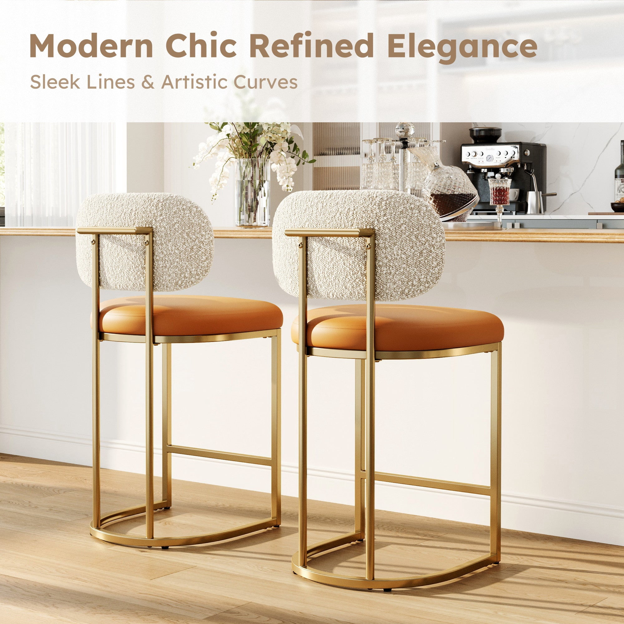 MF Studio Counter Height Bar Stool with Back, 24.8" Modern PU Upholstered Bar Chair with Large Chenille Back and Metal Frame, Bronze