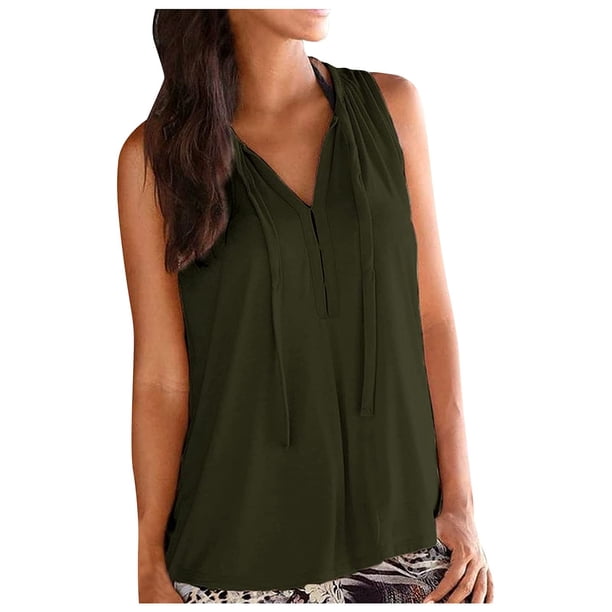 Blusa sin mangas con cuello en V de color sólido de verano a la moda para mujer Pompotops qwe24564