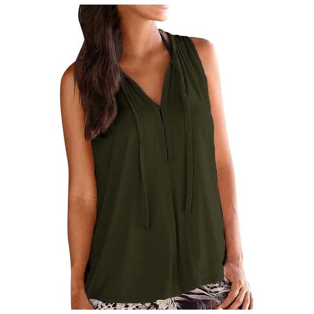 Blusa sin mangas con cuello en V de color sólido de verano a la moda para mujer Pompotops qwe24562