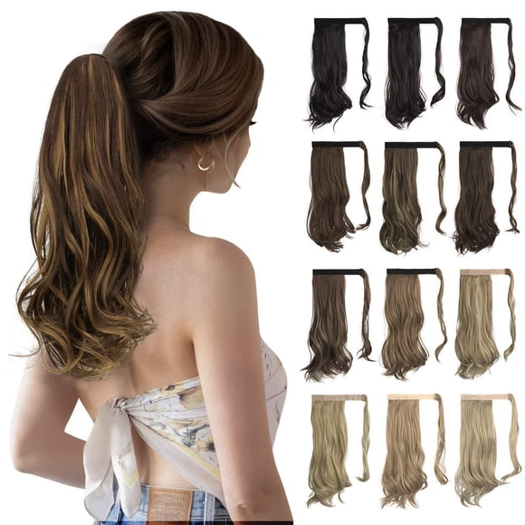 Sofeiyan Curly Ponytail Extension 15 Inch Heat Resistant Synthetic Natural Wavy Hairpiece Wrap Around Pony Tail Hair Extensions for White Black Women Hair Piece, Dark Brown/Golden Auburn
