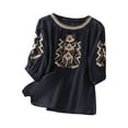 thumbnail image 3 of Dazajoo Womens Linen Embroidered Tops 3/4 Sleeve Boho Ethnic Style Peasant Tee Dressy Casual Round Neck Vintage Shirts,Navy,L, 3 of 8