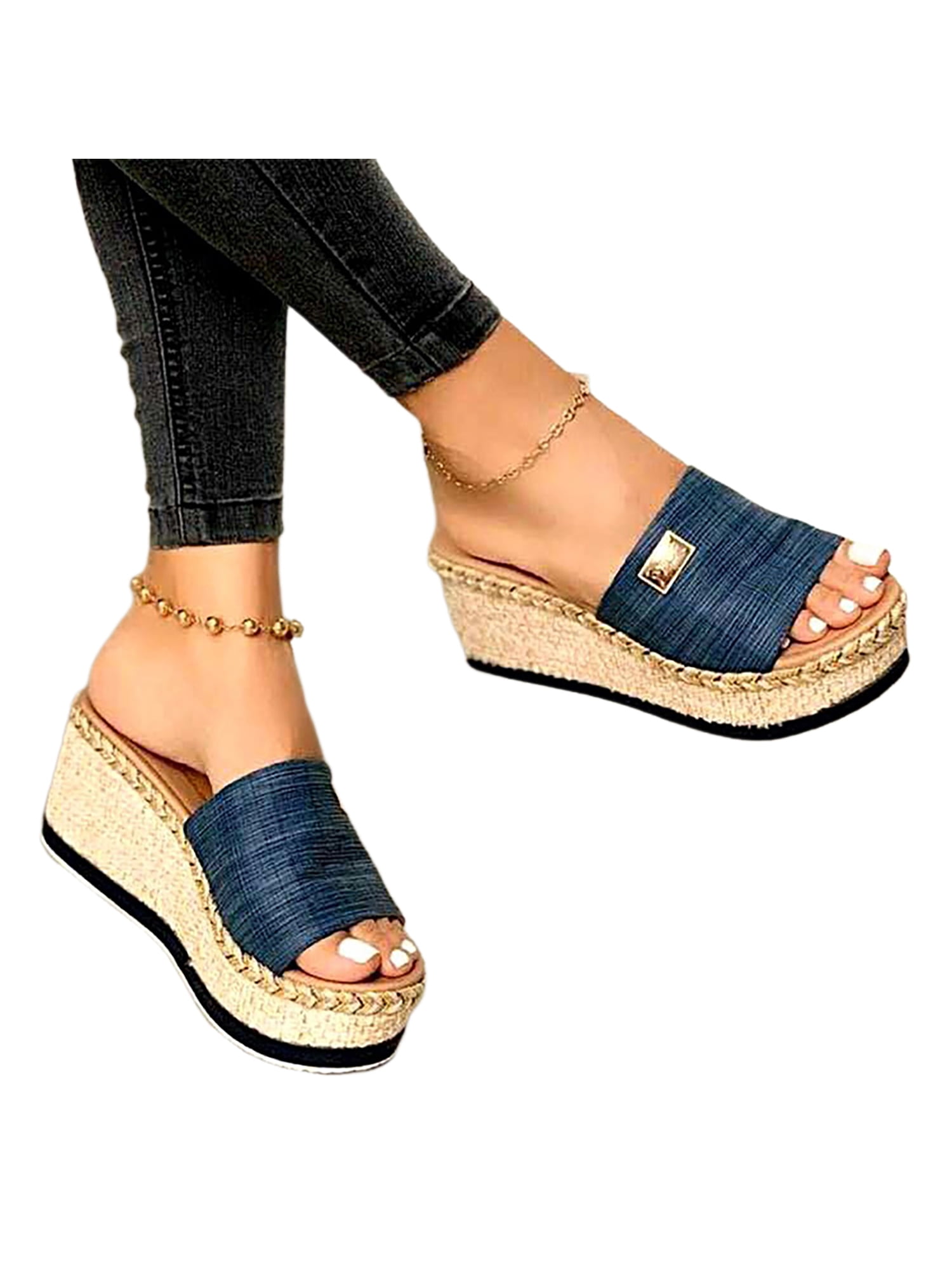 Women Peep Toe Wedge Sandals Ladies Platform Ankle Gauze Strap Slingback Shoes
