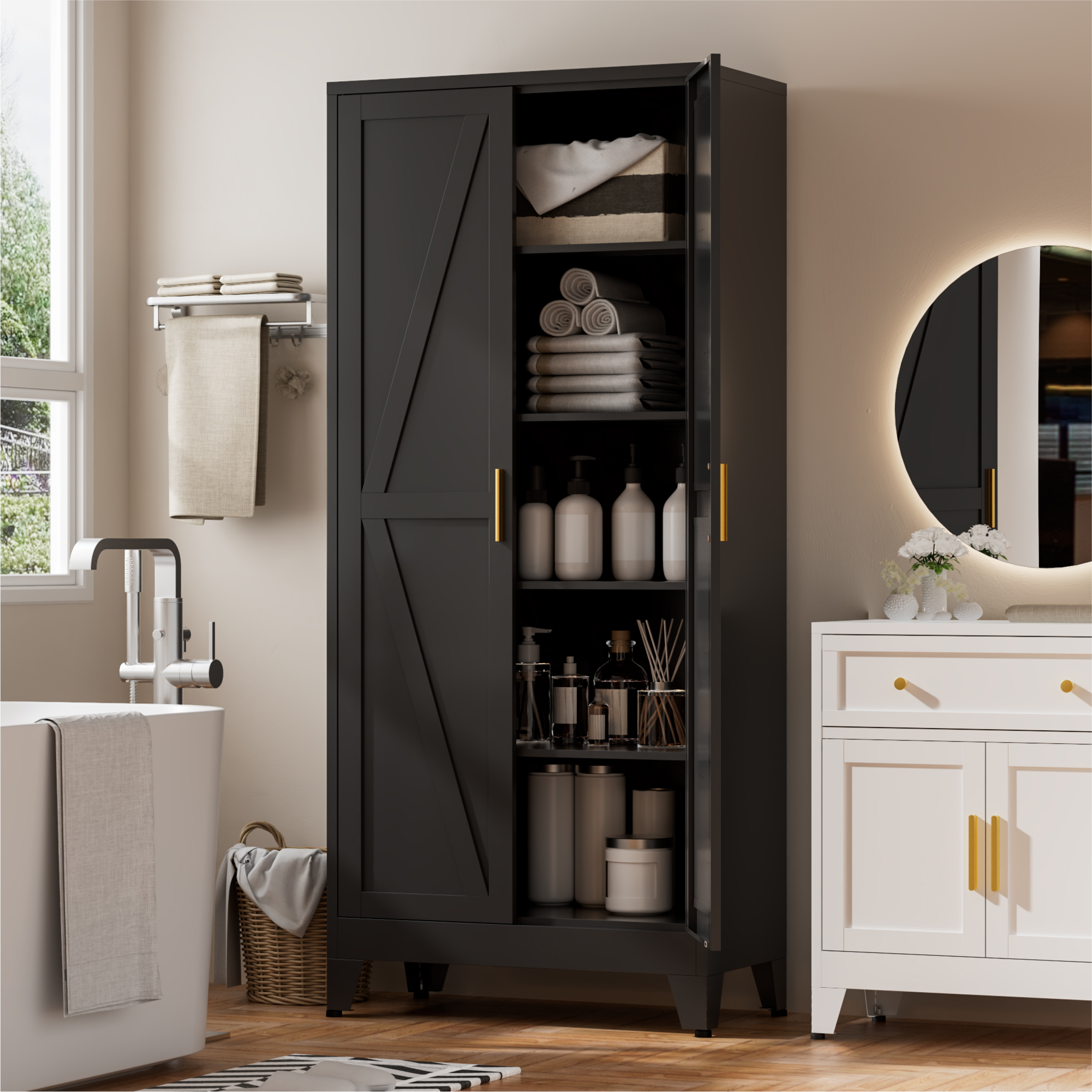 CHSHIN Metal Kitchen Pantry Cabinet,71" Black Farmhouse Storage Cabinet with 2 Vintage Barn Doors and 4 Adjustable Shelves, Rustic Freestanding Cupboard for Kitchen