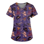 Scrubs Tops For Women，Plus Size Women'S Halloween Pumpkin-Headed Bat Printed Scrub Tops V-Neck Fun T Shirts Nurse Uniform Tee With Pockets，Purple，M