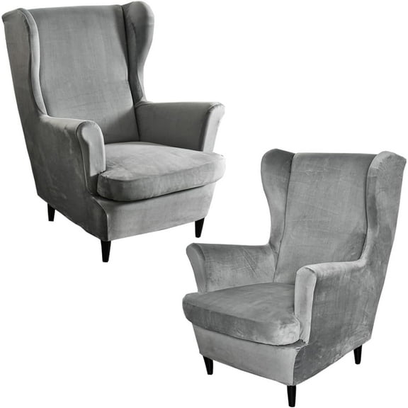 NAMZI 2 Sets Velvet Stretch Wingback Chair Sofa Slipcover Solid Color Plush Sofa Cover Furniture Protector Couch Soft with Elastic Bottom, Grey