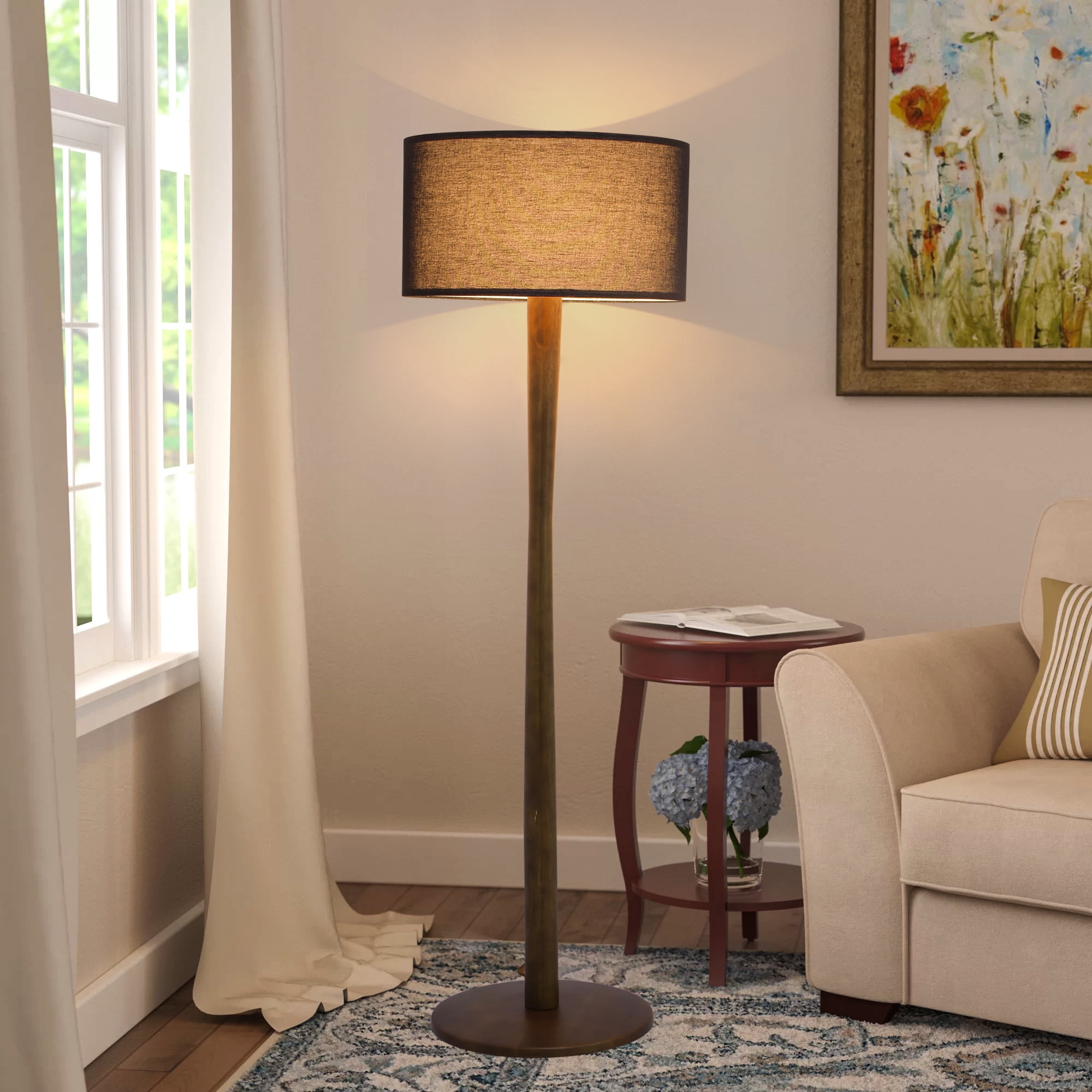 Lxmons 61'' Walnut Wood Floor Lamp, Modern Standing Lamp with Foot Switch for Living Room, Bedroom, Office, Black