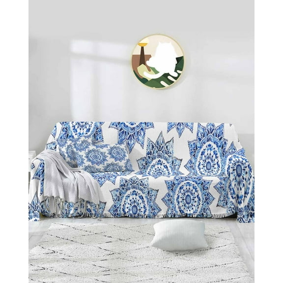 Boho Blue Flower Sofa Covers for 3 Cushion Couch,Washable Sectional & L Shape Couch Covers for Dog/Cat/Kid,Mandala Tribal Patterns Ethnic Bohemian Non Slip Sofa Slipcover Tassel Futon Cover 71x150