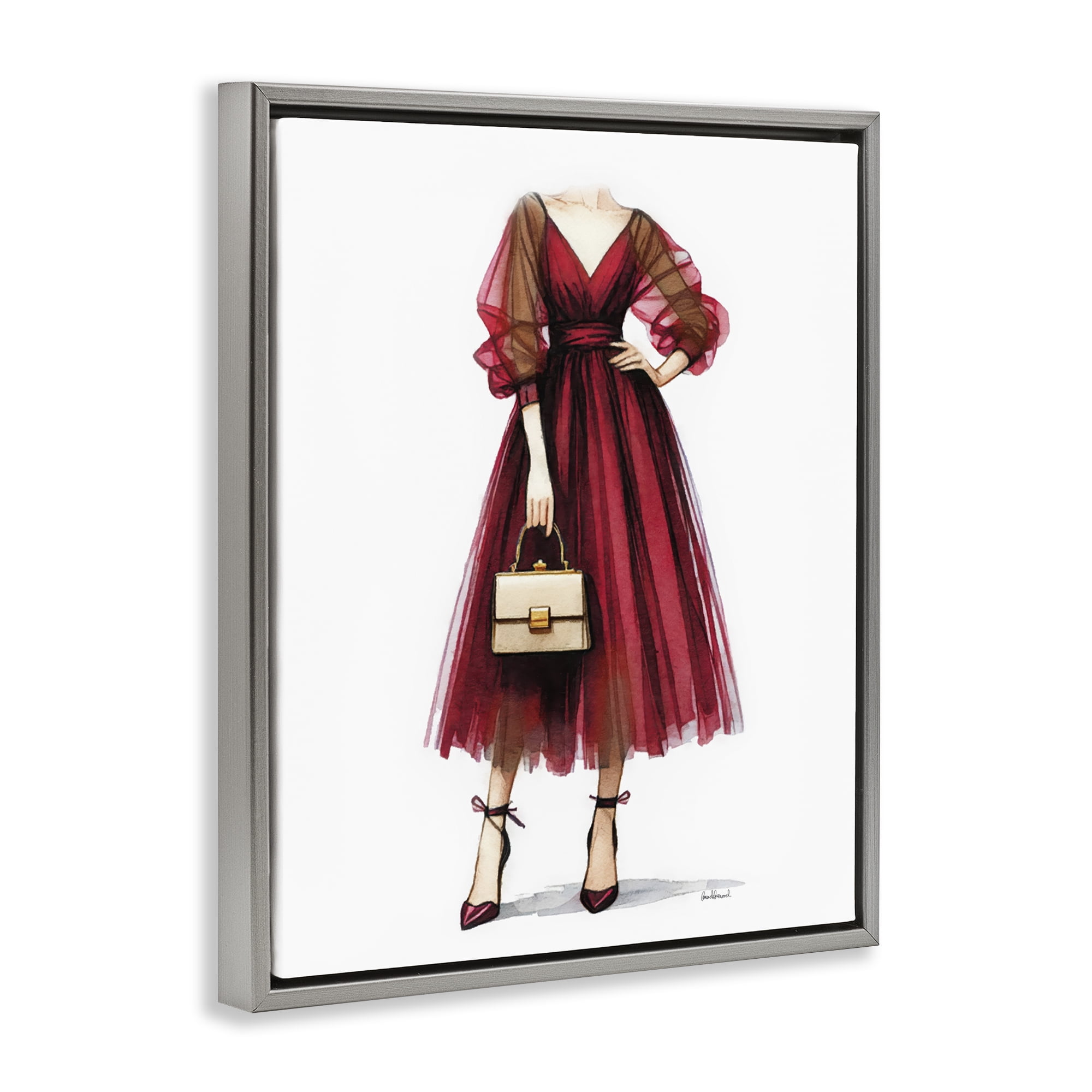 Stupell Industries Maroon Fashion Gown Fashion Painting Gray Floater Framed Canvas Art Print Wall Art, 17 x 21