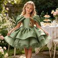 thumbnail image 2 of Girls Satin Mini Princess Dresses Cape Sleeve Neck Ruffle Tiered Gowns for Wedding Birthday Party Evening Ceremony Green 5-6 Years, 2 of 6
