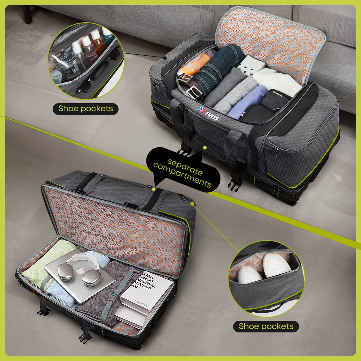 30 Inch Rolling Duffle Bag with Telescopic Handle, Wheeled Duffel Bag with Drop-Bottom,  Large Luggage Bags for Travel, Grey/Green, TBL074