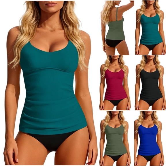 Women's Athletic Tankini Swimsuits for Women Pleated Two Piece Bathing Suits Sports Crop Top Swimsuits with Shorts Red