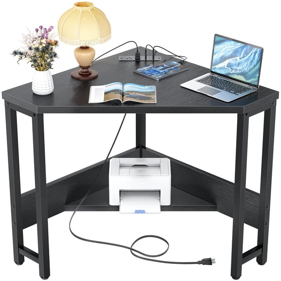 Armocity Black Corner Desk with Power Strip, Small Triangle Computer Table