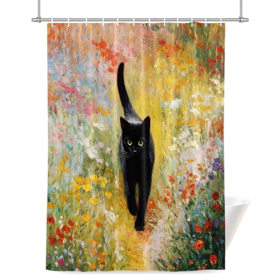 Shower Curtains for Bathroom-36"x72",Watercolor Flower Leaves Black Cat Waterproof Bath Curtain Grommet Shower Curtain Set with Hooks