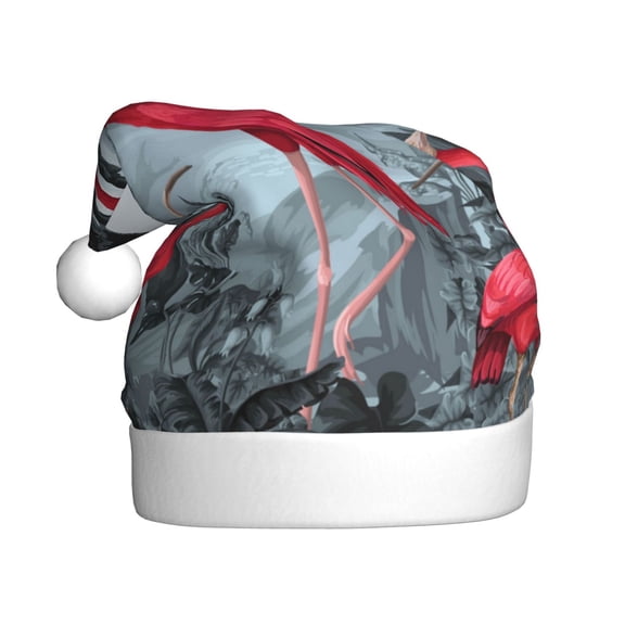 Fuzoiu Flamingo On The Jungle Print Santa Hat Christmas Hat for Adults,Santa Hats with Pompom, Unisex Xmas Holiday Hat for Christmas New Year Festive Party Supplies