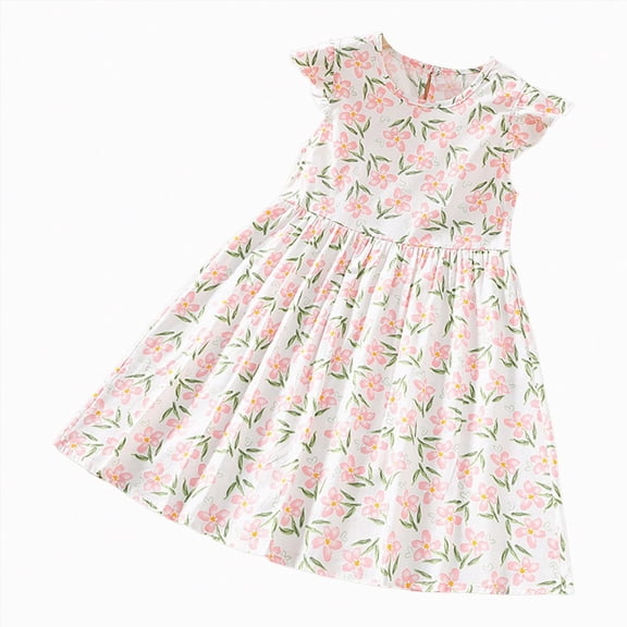 Taybagh Girls Summer Dress Short Sleeve Round Neck Floral Print Princess Clothes for Kids Lightweight Purple Girls Dresses Size 6