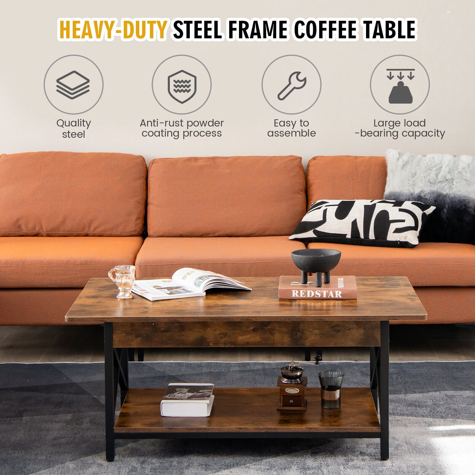 Gymax Coffee Table Industrial 2-Tier w/ Storage Shelf &Storage Shelf for Living Room Rustic Brown